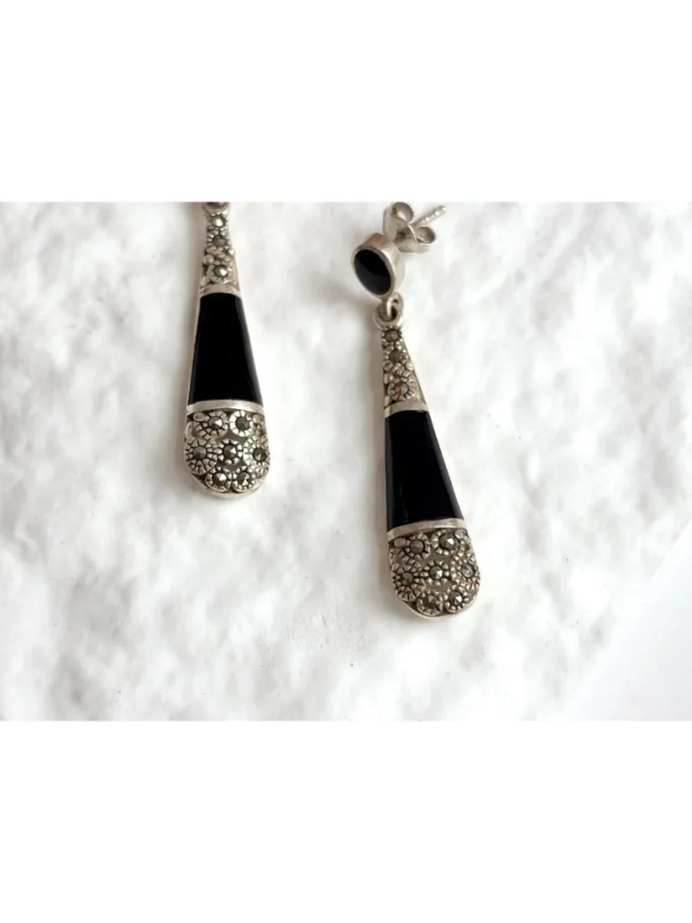Art Deco Black Onyx & marcasite Teardrop Vintage Sterling Silver 925 Earrings